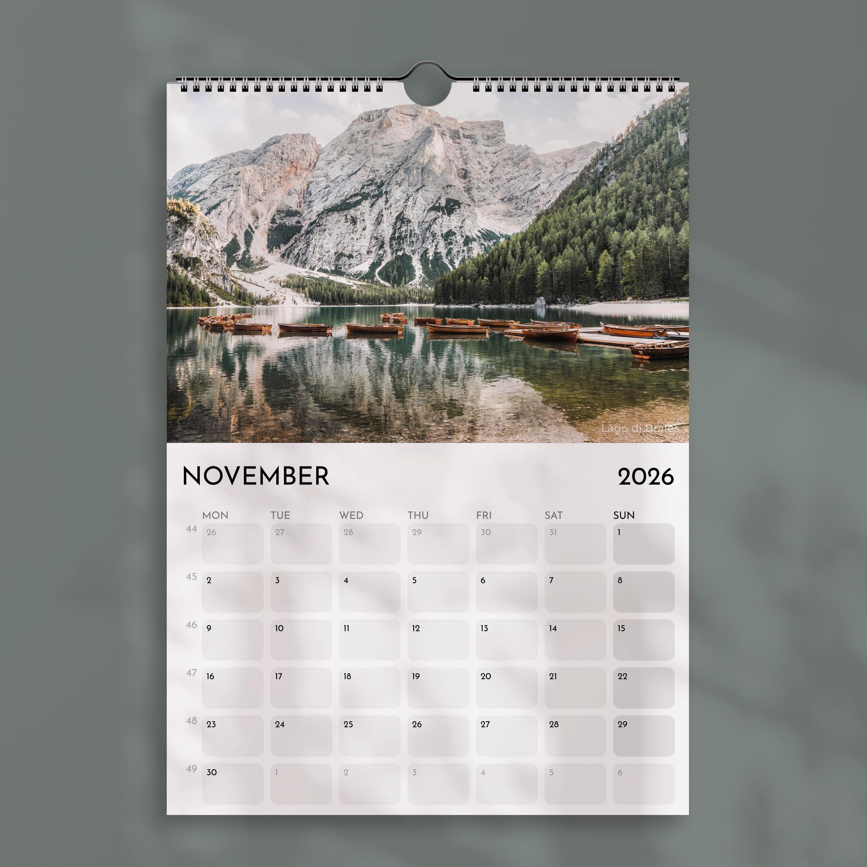 Calendario Da Parete 2026 Con Paesaggi E Spazio Per Note, Formato 28,5×21,5 Cm, Tema Natura