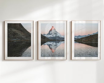 Matterhorn Triptych, Rifflesee Sunrise, Zermatt, Swiss Alps, Switzerland | Set of 3 Landscape Photography Wall Art Prints | Travel Gift Idea