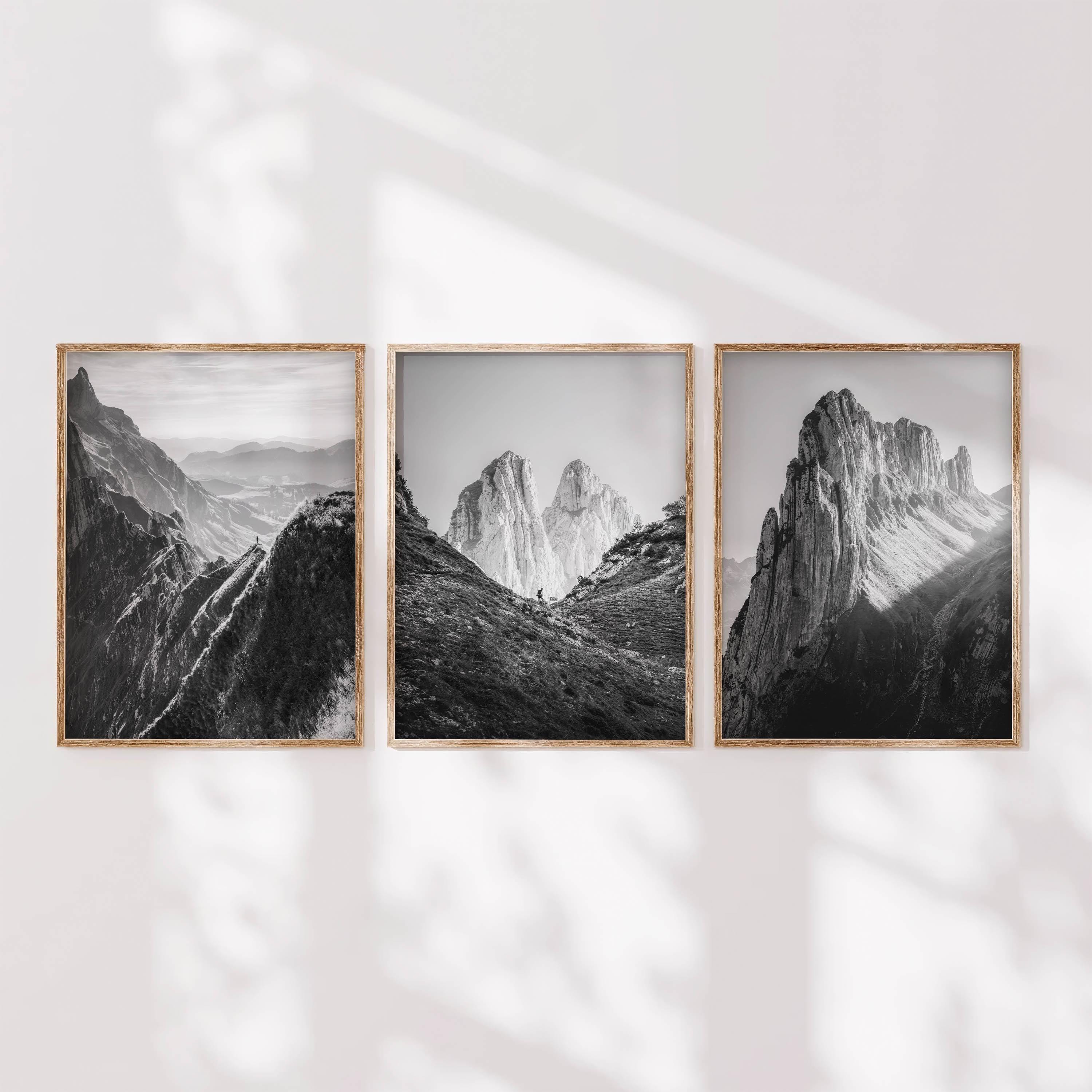 Swiss Alps Triptych – Black and White Mountain Wall Art Set of 3
