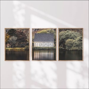 Gougane Barra print set, Irish landscape photography, West Cork lake and chapel wall art, triptych nature prints, Irish home decor gift