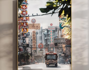 Bangkok Chinatown Yaowarat Street Photography Print, Vintage Bus Thailand Travel Decor