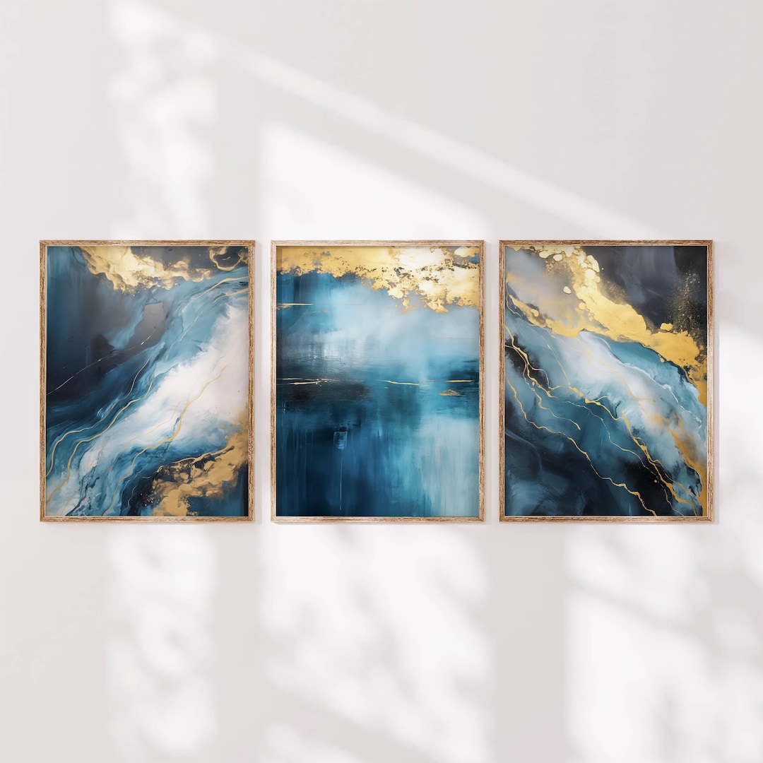 Blue Gold Wall Art Set of 3 – Modern Abstract Triptych Prints - Etsy