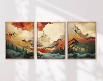 Abstract Mountain Landscape Triptych: Contemporary Wall Art Prints