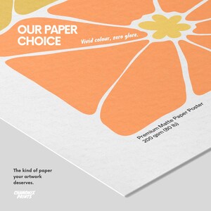 May include: A premium matte paper poster featuring a large orange and yellow flower graphic. Text reads: OUR PAPER CHOICE, Vivid colour, zero glare, Premium Matte Paper Poster 200 gsm (80 lb), The kind of paper your artwork deserves, CHAMONIX PRINTS.