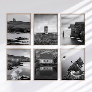 Conjunto de 6 impresiones artísticas irlandesas en blanco y negro para pared / Fotografía de paisajes / Acantilados de Moher, Gougane Barra, Muelle de Dunquin / Decoración moderna para el hogar