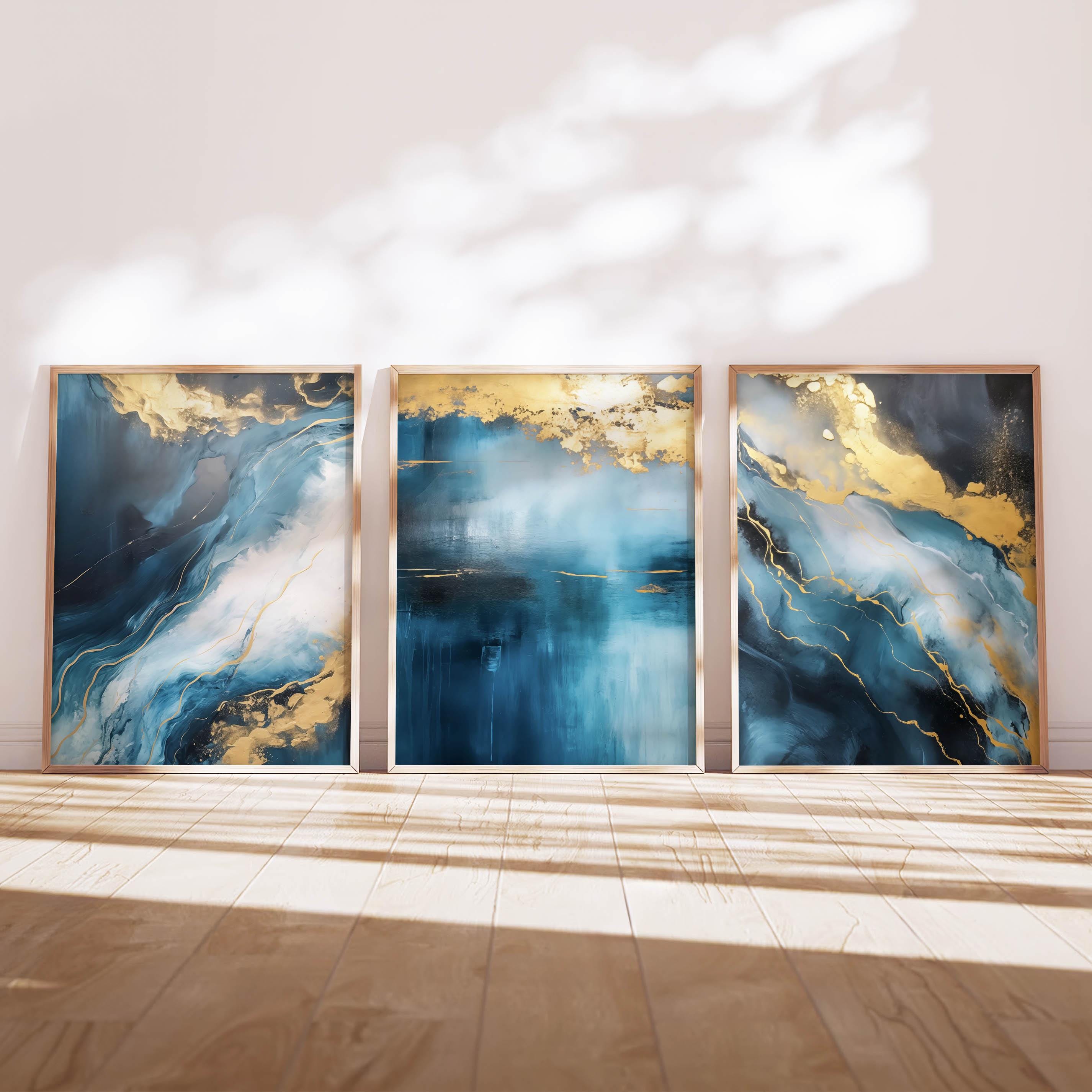 Blue Gold Wall Art Set of 3 – Modern Abstract Triptych Prints - Etsy