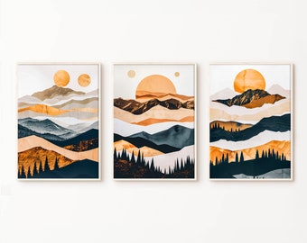 Set of 3 Mountain Mural Wall Art | Unframed Orange Mountain Landscape Prints | Modern Wall Decor