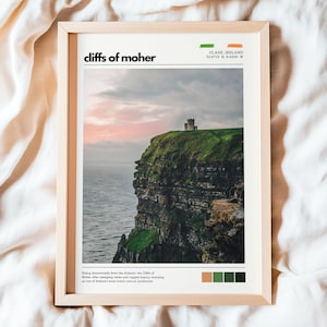 Impression d'art mural falaises de Moher, affiche de voyage en Irlande avec coordonnées, photographie de paysages côtiers, cadeau déco irlandais moderne