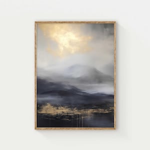 Blue & Gold Abstract Mountain Landscape Print: Modern Wall Art