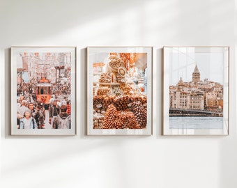 Istanbul Set of 3 Turkish Wall Art Prints featuring photography from the Gelato Tower, Red Trams and Street Markets | Cultural Wall Decor