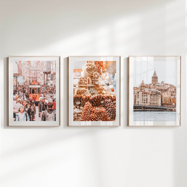 Istanbul Set of 3 Turkish Wall Art Prints featuring photography from the Gelato Tower, Red Trams and Street Markets | Cultural Wall Decor