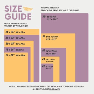 May include: A size guide chart for Chamonix Prints featuring purple and yellow rectangles representing various print dimensions. It lists US/CA sizes in inches and international sizes in cm, including A0 through A4, with text instructions for finding frames.