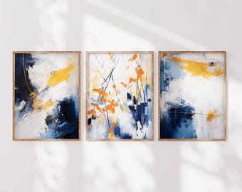 Abstract Wall Art Print Set – Orange & Navy Blue Modern Decor, Contemporary Wall Prints