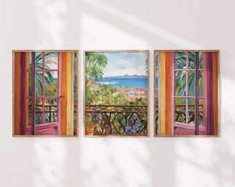 Riviera Print Set of 3, French Coastal Wall Art Window View Triptych