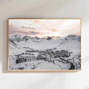 Fine art wall print of Tignes and Val d'Isère in winter with sunset sky and snowy Alps