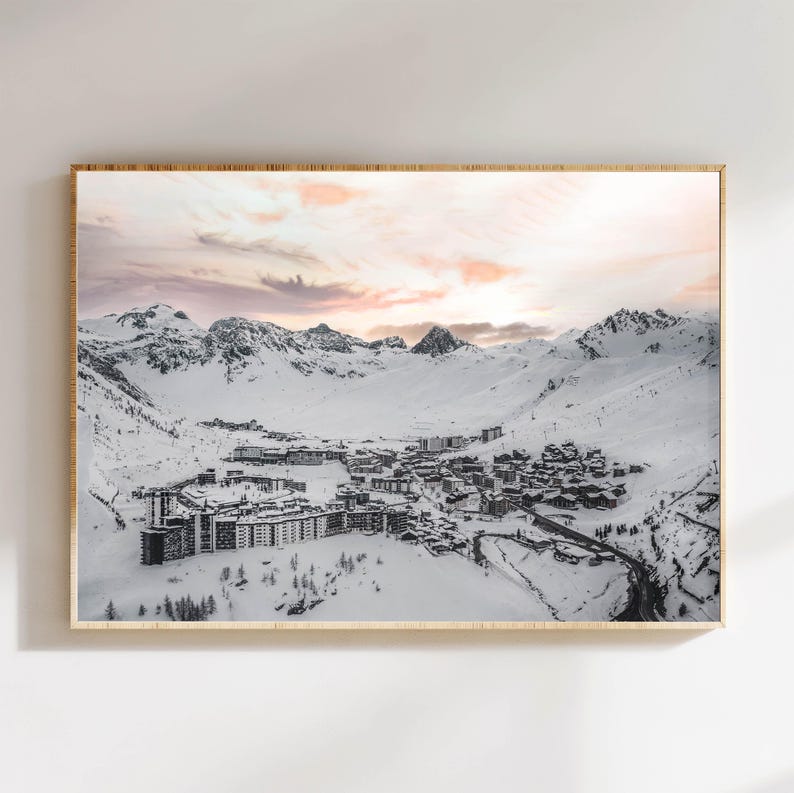 Fine art wall print of Tignes and Val d'Isère in winter with sunset sky and snowy Alps