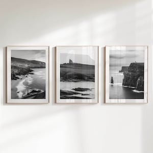 Set of 3 Irish Black and White Wall Art Prints featuring photography from Ireland's Dingle Peninsula, Classiebawn Castle and Cliffs of Moher