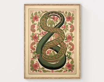 Green Snake Floral Art Print: Vintage Botanical Home Decor