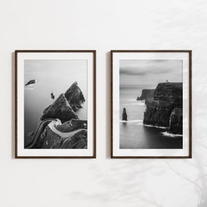 Set of 2 Unframed Black and White Irish Wall Art Prints featuring photography from Irelands Dunquin Pier and Cliffs of Moher New Home Gift image 1