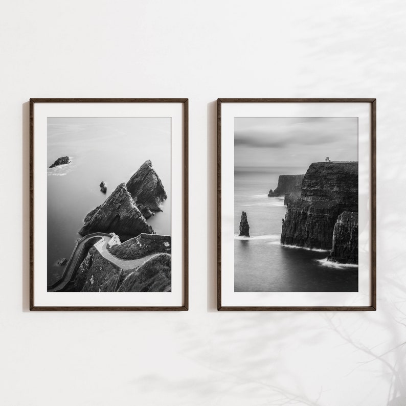 Set of 2 Unframed Black and White Irish Wall Art Prints featuring photography from Irelands Dunquin Pier and Cliffs of Moher New Home Gift image 1
