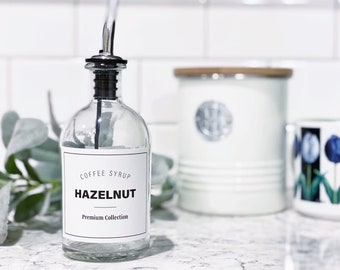 Coffee Syrup Bottles, 8oz - Bold Style - Refillable Glass Syrup Bottles with Waterproof Label - Coffee Flavor Bottles