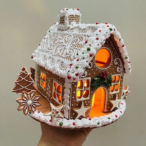 Handmade Clay Gingerbread man light up house,Christmas Tea Light, Holiday Ornaments