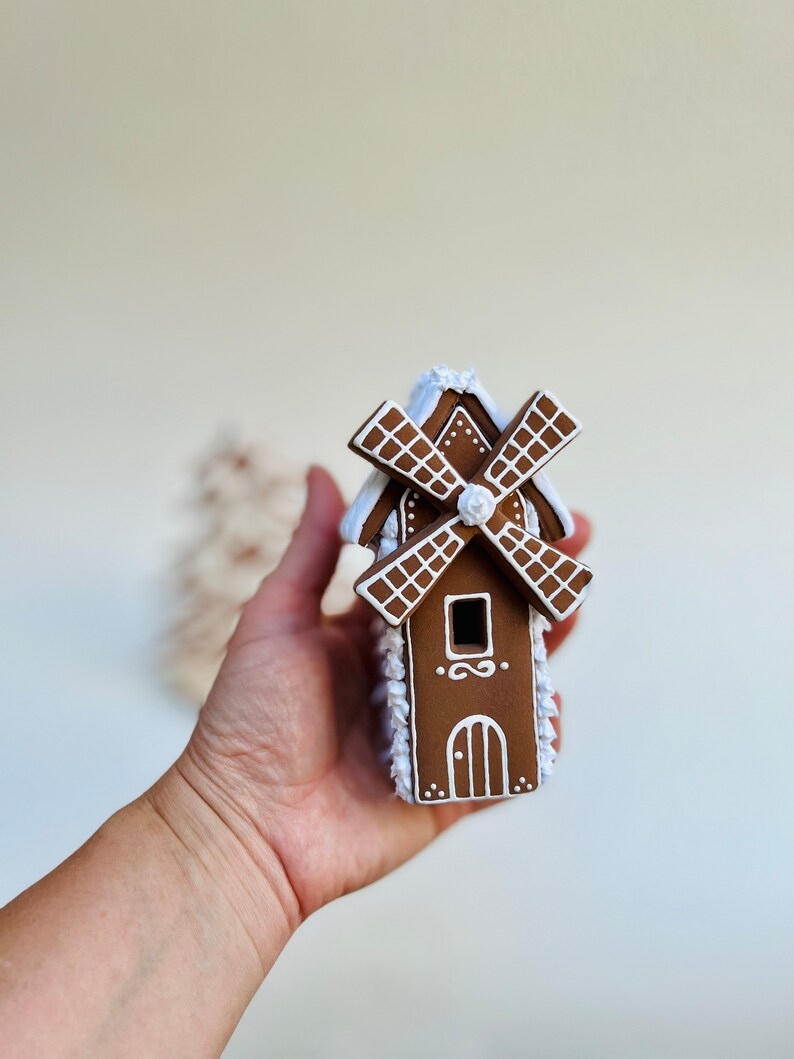 Clay Mini Gingerbread Windmill, Christmas Village,Christmas light house, Christmas gift image 8