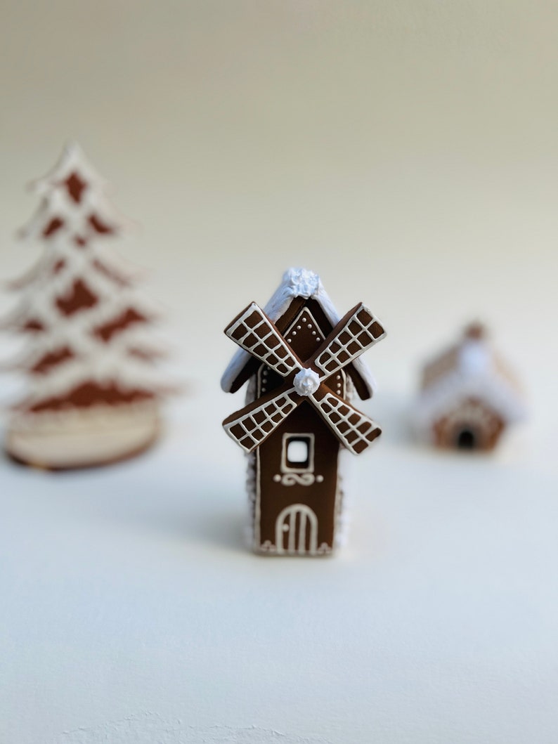 Clay Mini Gingerbread Windmill, Christmas Village,Christmas light house, Christmas gift image 7