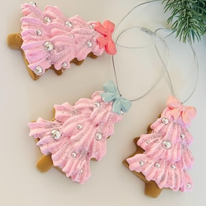 Handmade Pink Silver  Sparkling Clay Christmas Tree Decoration, Christmas Ornaments , Gift set of 3,