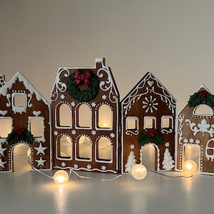 Casas de jengibre de madera, juego de 4, casas de jengibre, adornos navideños