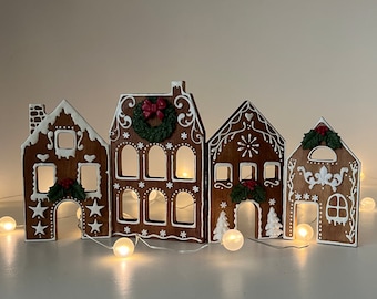 Hand-Painted Wooden Gingerbread Village Houses - Set of 4 Christmas Ornaments