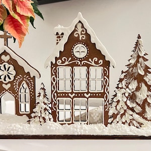 Villaggio di pan di zenzero in legno fatto a mano, scena natalizia rustica, decorazioni natalizie in legno