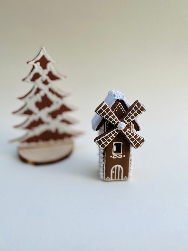 Clay Mini Gingerbread Windmill, Christmas Village,Christmas light house, Christmas gift image 3