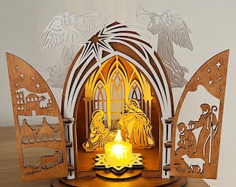 Handmade Birch Wood Nativity Scene with LED Candle: Rustic Christmas Centerpiece