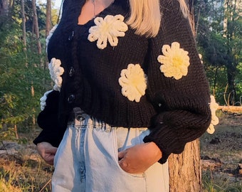 Daisy Cardigan for Woman, Black Hand Knit Jacket Women, Chunky