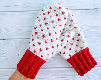 Womens Alpaca Wool Mittens with Hearts. Hand Knitted