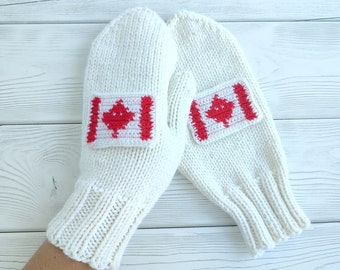 White mittens with Canadian flag for women.