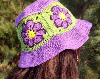 Purple summer Bucket Hat. Granny Square hat