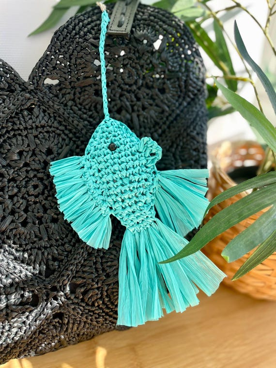 Ocean-Themed Bag Charm. Fish Keychain. Crochet Raffia Fish.