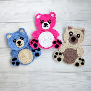 Application bear. Crocheted patch for children's blankets, clothes. Cotton applique for decorating bags, pillows. Make a personal gift.
