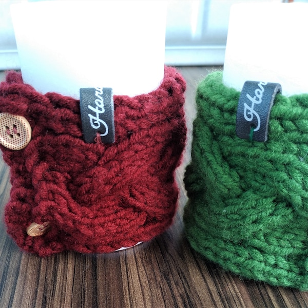 Candle sweater. Cable candle cozy. Candle Cover