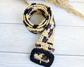 Leopard print belt. Raffia belt.