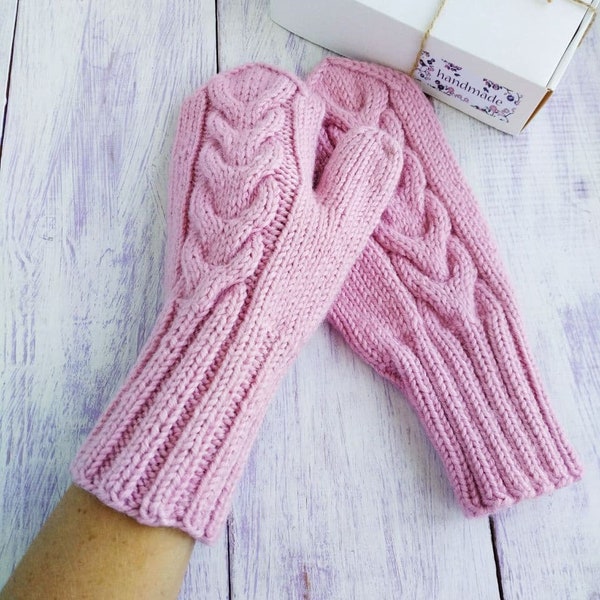 Pink Knitted Mittens.  Alpaca mittens.