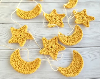 Crocheted garland moon and stars