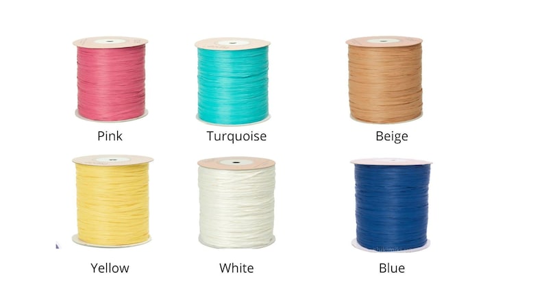 May include: Six spools of decorative ribbon in various colors: pink, turquoise, beige, yellow, white, and blue. Each spool is labeled with its color name. The ribbon is tightly wound on cardboard cores.