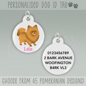 Personalised Pomeranian ID tag, any colour cartoon digital illustrationdog pet tag round metal address name gift pom owner