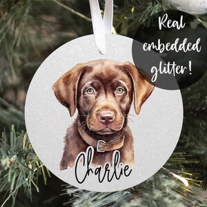 Personalised Labrador bauble, chocolate or golden lab puppy watercolour digital real glitter name Christmas tree pet gift ideas lover owner