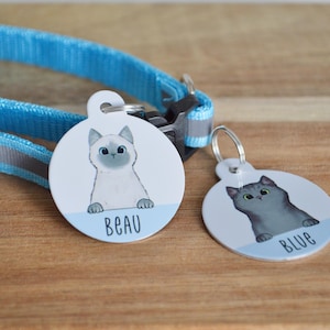 Personalised cat ID tag, any colour cat cartoon digital illustration pet tag round metal address name gift fold shorthair longhair owner