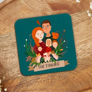 Posavasos personalizado con retrato familiar, ilustración digital de dibujos animados en cualquier color, nombre, nuevo hogar, regalo de inauguración de la casa peculiar, mascotas coloridas
