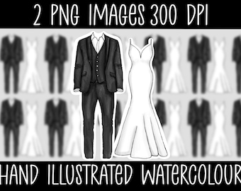 Aquarelle Mariée & marié téléchargement numérique PNG fichiers clipart images éléments illustration à la main impression sublimation motifs robe de mariée costume